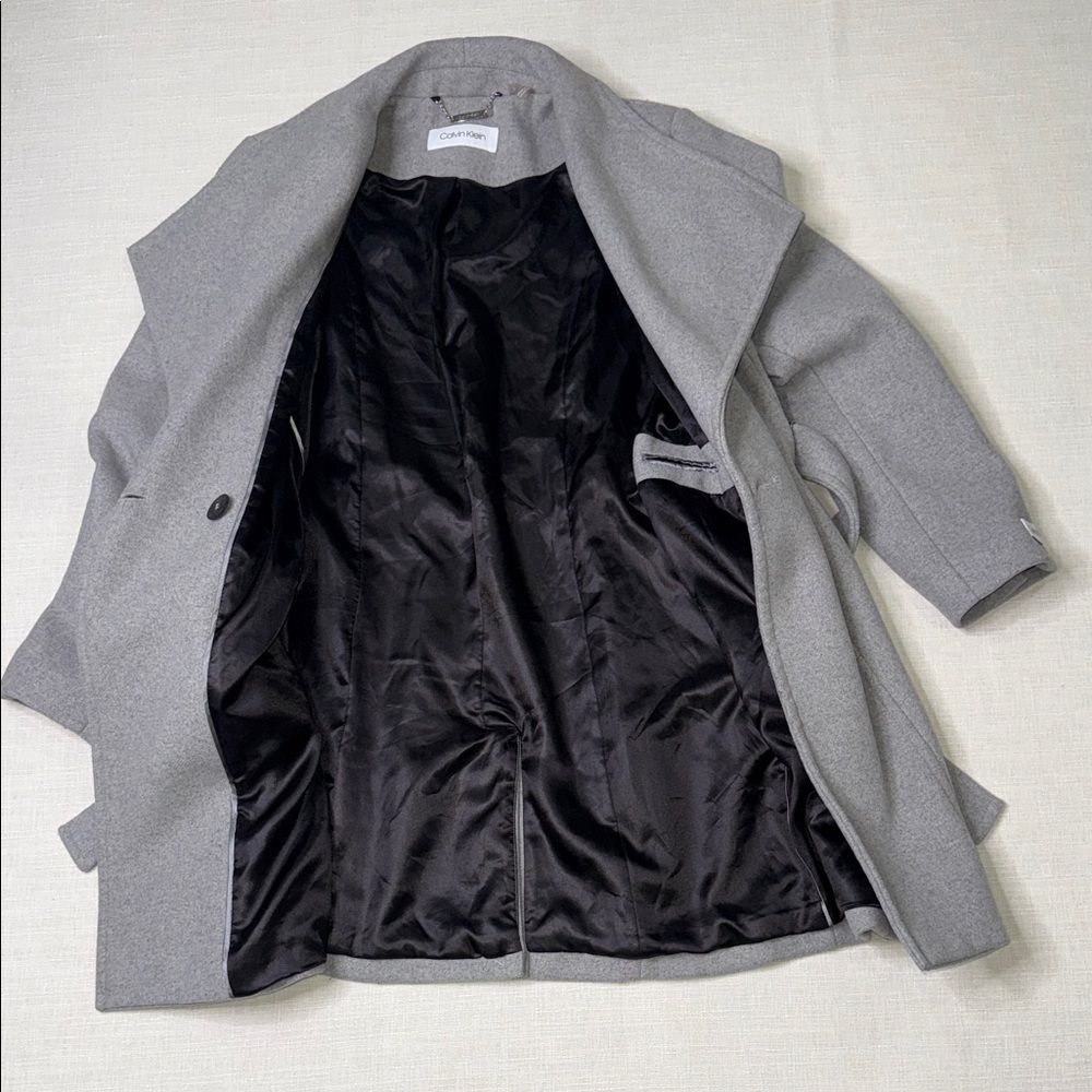 Calvin Klein women’s gray wool-blend wrap coat. - Picture 5 of 12